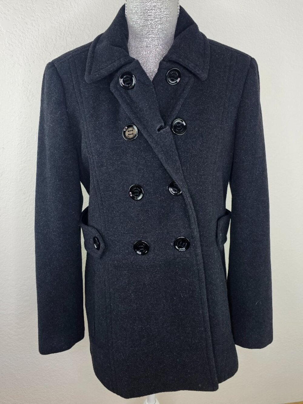 Calvin Klein Double-Breasted Peacoat Wool Blend in Dark Gray Size 8